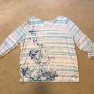 Alfred Dunner Blue White Striped 3/4 Long Sleeve Tee with Floral Print